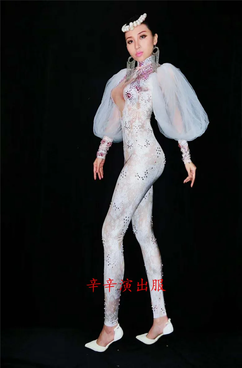 Ds White Lace Nude Rhinestone Jumpsuit Female Singer Sexy Stage Wear Bodysuit One-piece Costume Glisten Stones Stretch Outfit