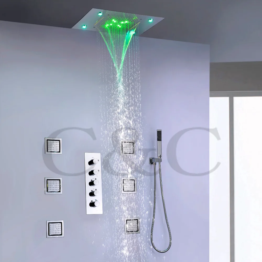 Bathroom Shower Combo Faucet Mixer Set Large Water Flow Shower Valve Rain Waterfall LED Shower Head Brass Hand Shower