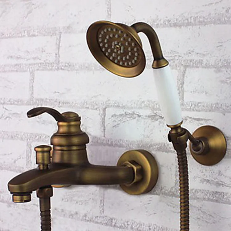 

European Classic Antique Brass Wall Mounted Shower Sets with Ceramic Handshower Wholesale Cheap Shower Faucet Set SF1035