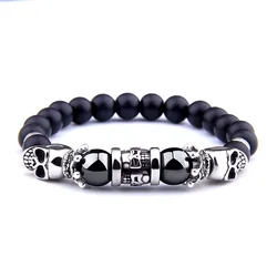 Skull Series Black Beads Bracelet Natural Hematite Bracelet Fashion Skull Head Onyx Stone Beads Charm Men Bracelet Jewelry