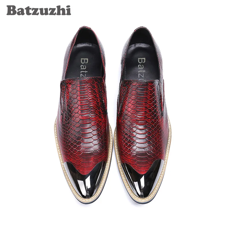 Luxury Handmade Mens Shoes 2021 Genuine Leather Dress Shoes Formal Leather Business Shoes Men Metal Toe Oxfords Fish Scales Red