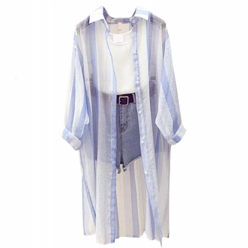 2019 Fashion Summer Loose Women Striped Cardigan Blouses Midi Long Lady Thin Sun Protection Clothing beach Shirts Holiday WZ794