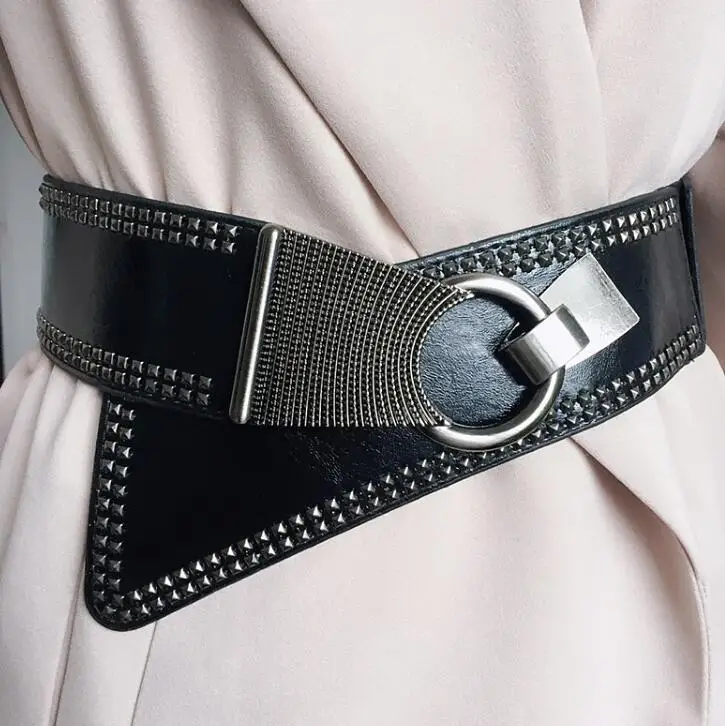 

Women's runway fashion metal rivet punk pu leather Cummerbunds female Dress Corsets Waistband Belts decoration wide belt R919