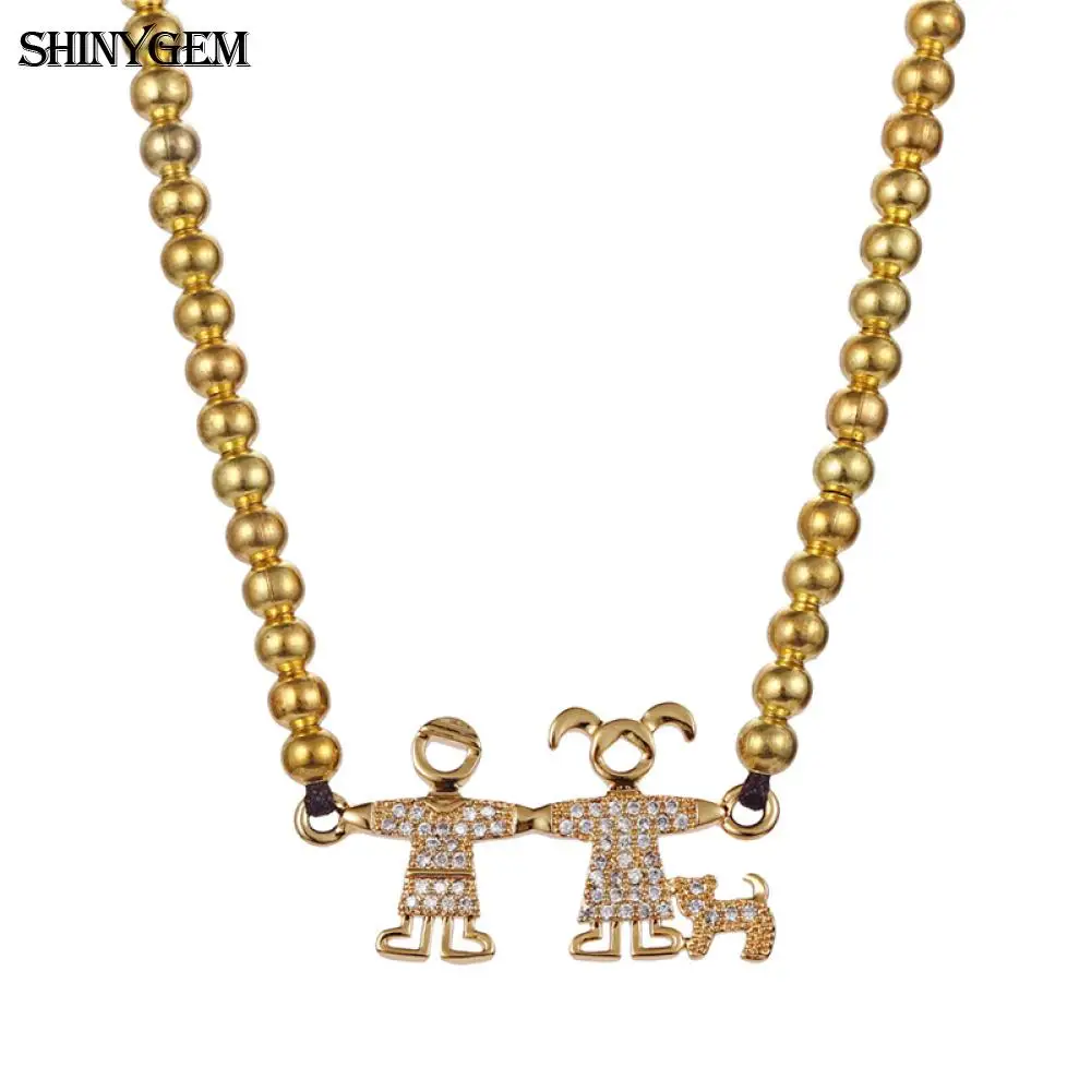 

ShinyGem Inlay Rhinestone Boy Girl Dog Charm Handmade Gold Bead Cute Figure Couple Family Choker Necklaces For Women