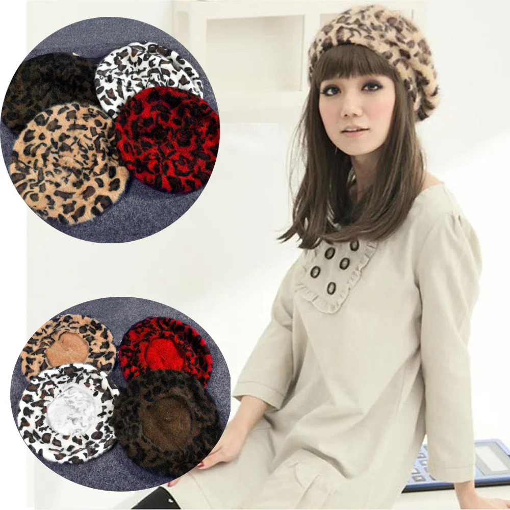 Women French Style Vintage Leopard Print Wool Soft Winter Warm Beret Beanie Hat HATBD0055