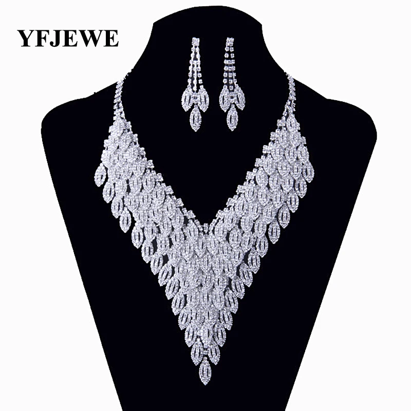 YFJEWE Wedding Gifts Crystal Jewelry Set Silver plated zinc alloy necklace for women long necklaces earring jewelry sets #N129