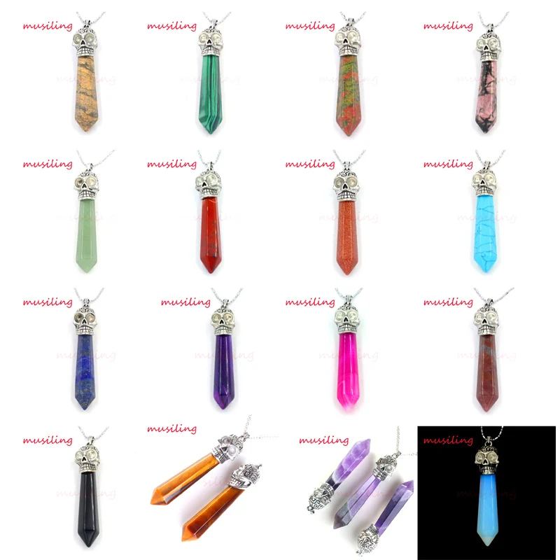 

Skull Hexagon Crystal Pillar Pendants Natural Stone Pendulum Silver Plated Charms Jewelry Wicca Witch Men Amulet Mix Order 17Pcs