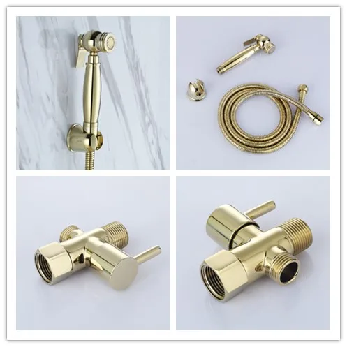 

Gold Brass handheld bidet spray Health Cleaning Toilet Bidet Faucet Shower Spray Set with 7/8*7/8*1/2 T-adapter Diverter Valve-B