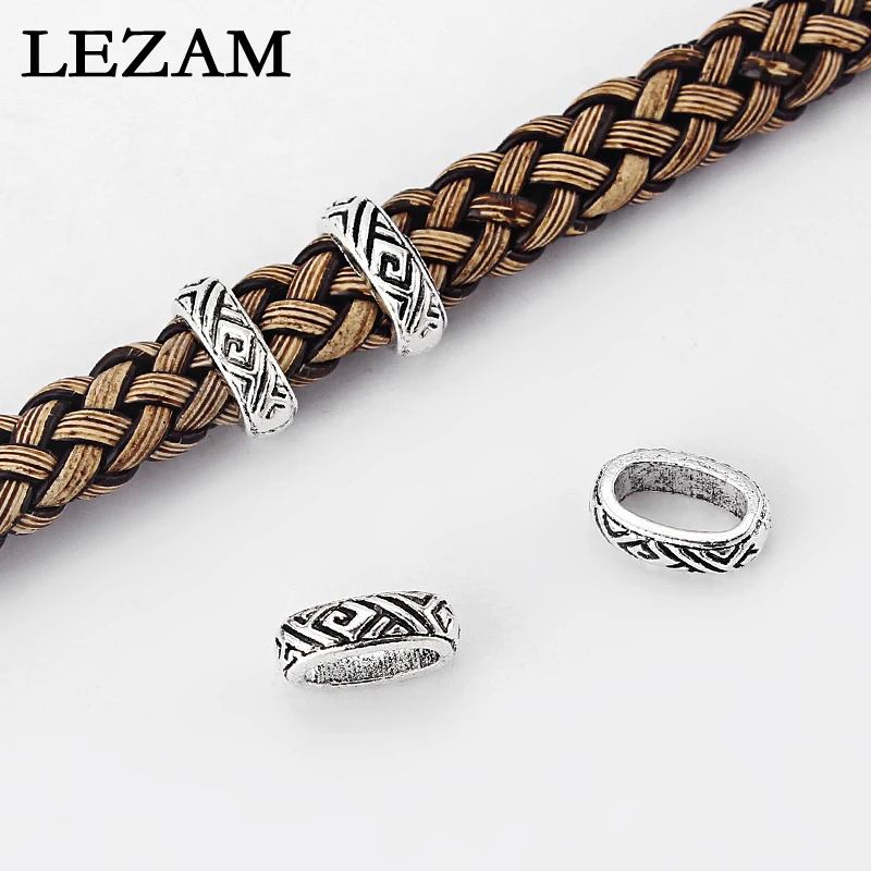 20pcs Antique Carved Geometric Patterns Charms Slider Spacer Beads For 9*5mm Leather Cord Jewelry Accessories Findings