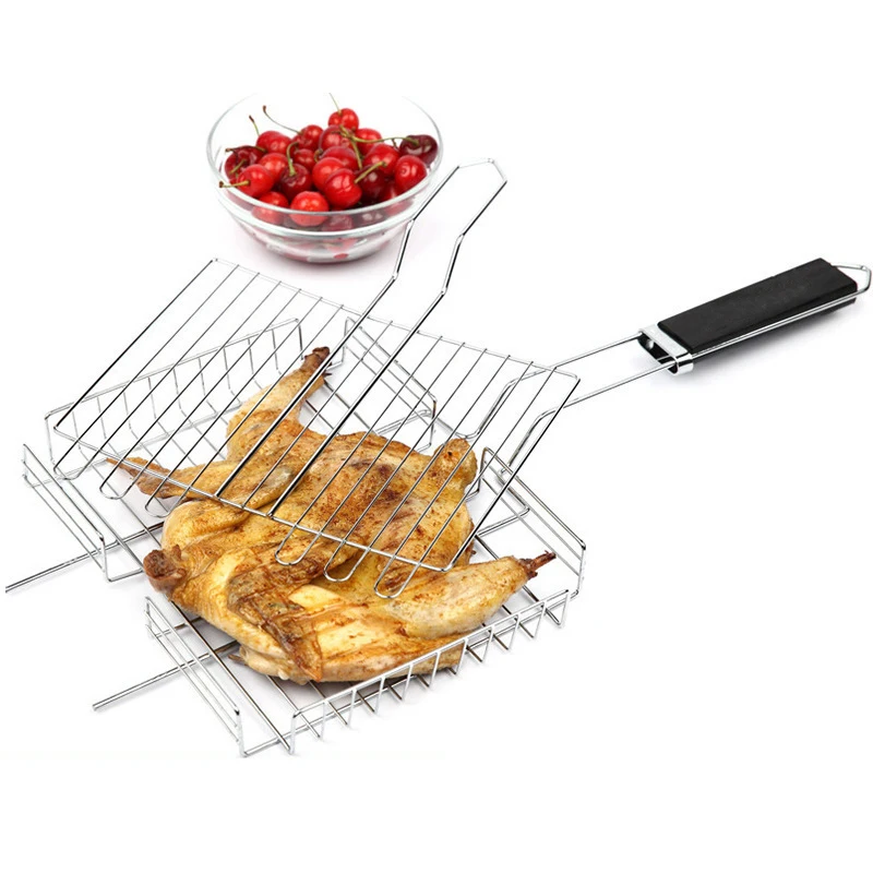 Stainless Steel Grilling Basket Folding Non-stick BBQ Tool Vegetable Basket With Wooden Handle Roast Chicken BBQ Grill 1pc