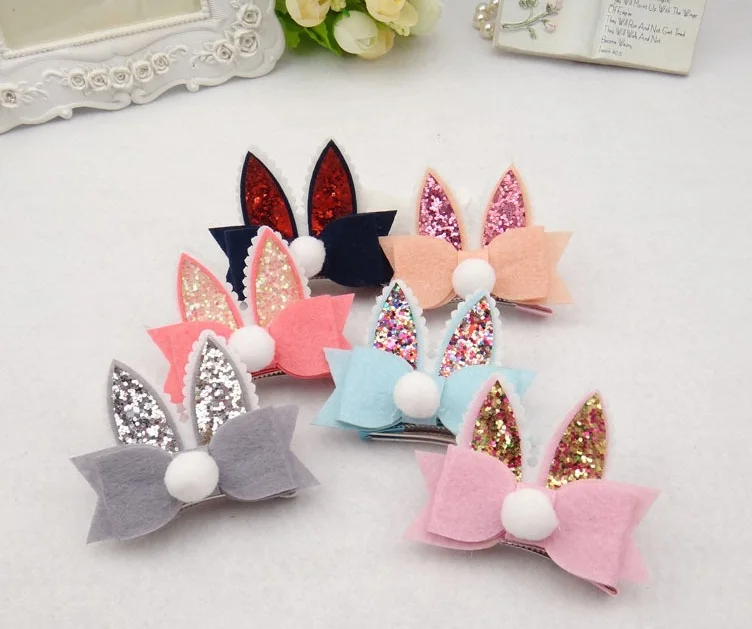 

Boutique 30pcs/6C Fashion Cute Glitter Rabbit Ears Hairpins Solid Kawaii Felt Pom Pom Bowknot Hair Clips Headwear Accessories