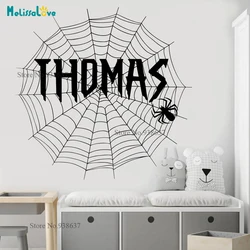 Spider Theme Stickers Personalized Sticker Cobweb Baby Boy Room Removable Vinyl Wall Decal Custom Name Nursery BA052