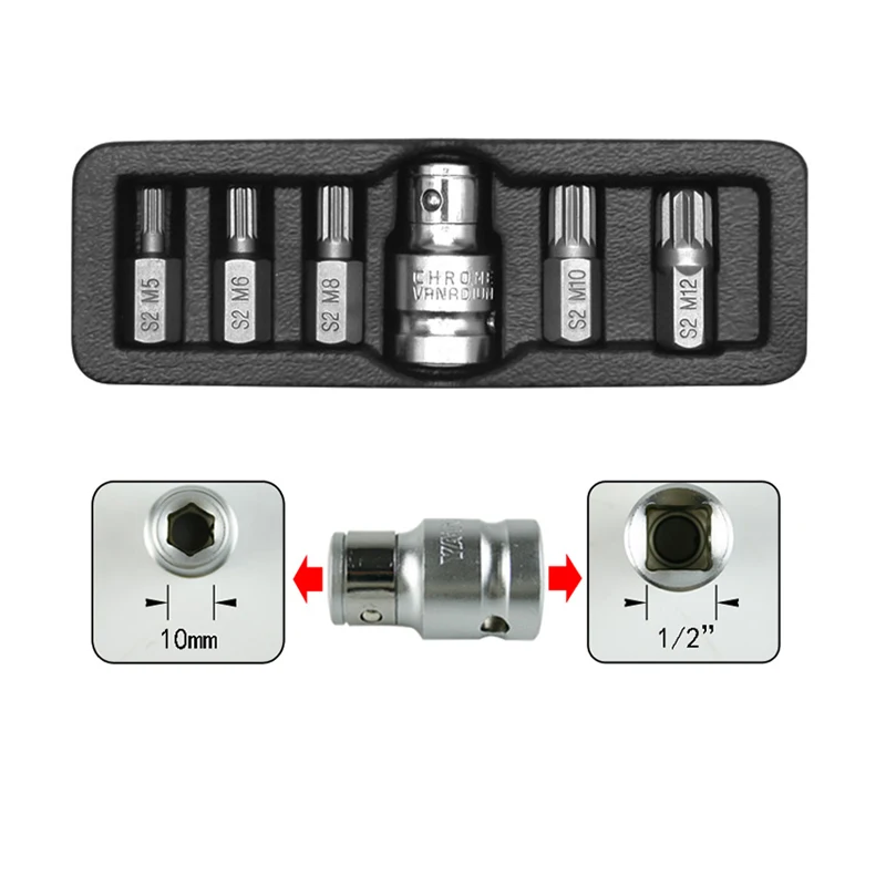 6 in 1 Torx Screwdriver Bits 12 Point Spline 10mm Hex Shank Impact Bit M5 M6 M8 M10 M12 with 1/2\