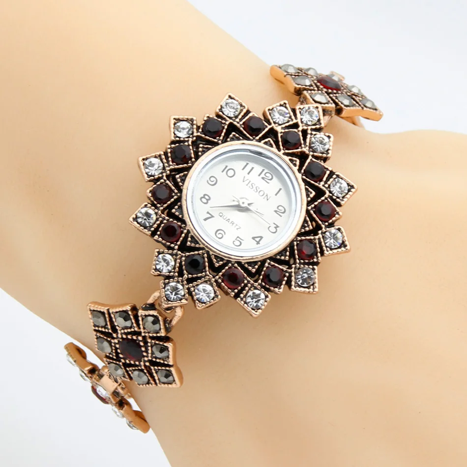 New Turkish Women Crystal Bracelet Wrist Watch Antique Gold Color Quartz Watch Resin Jewelry Bohemia Festival Gift SUNSPICE MS.