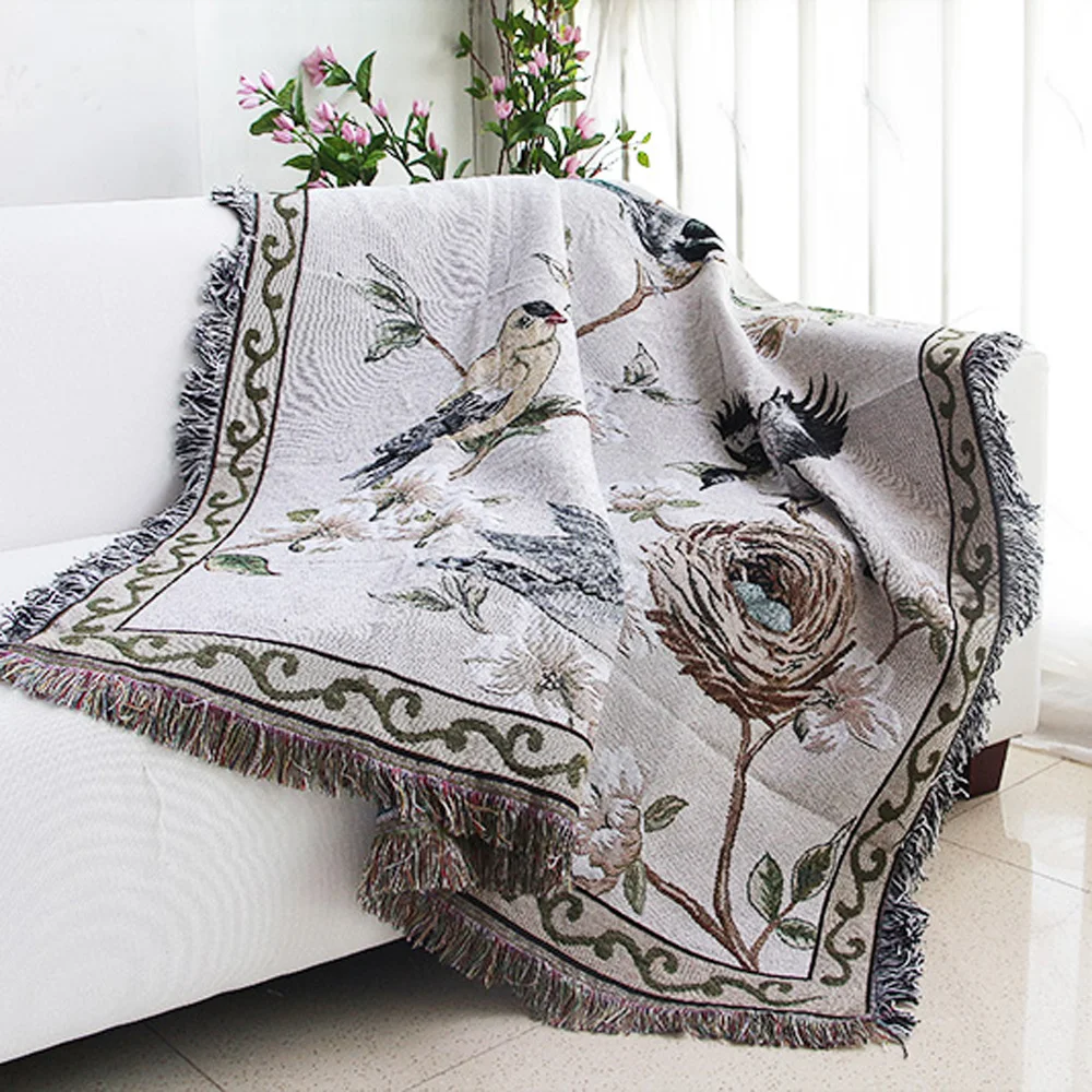 ESSIE HOME Nest And Bird American Style Sofa Blanket Cotton Rug Living room Sofa Blanket Sofa Rug Living Room Blanket Tapestry