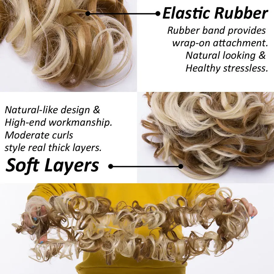 HAIRRO Synthetic Elastic Hair Scrunchie Curly Chignons Hair Rope Natural Fake Hair Bun Curly Clip in Hair Ponytails Extension