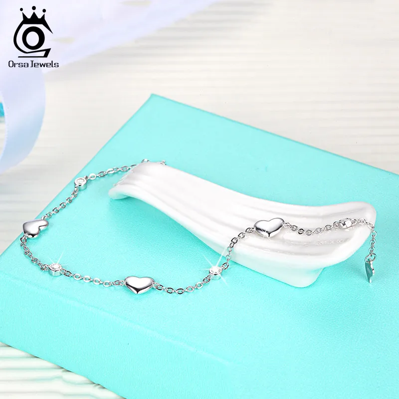 ORSA JEWELS 925 Sterling Silver Bracelet for Women with 3 Pieces Genuine 925 Silver Heart Charm Bracelets Party Jewelry SB02