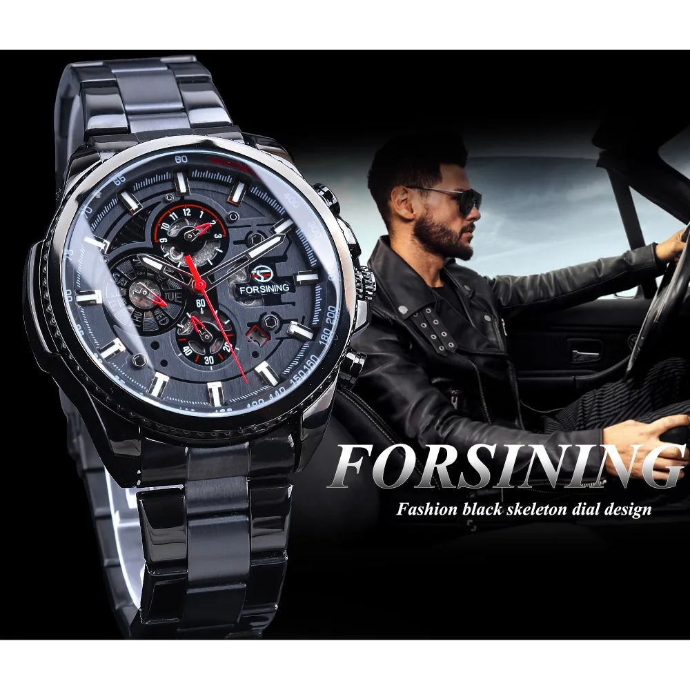 Forsining-Homens de aço inoxidável relógios de pulso automáticos mecânicos, Três Dial Calendário, Top Brand, Luxo, Militar, Esporte, Masculino