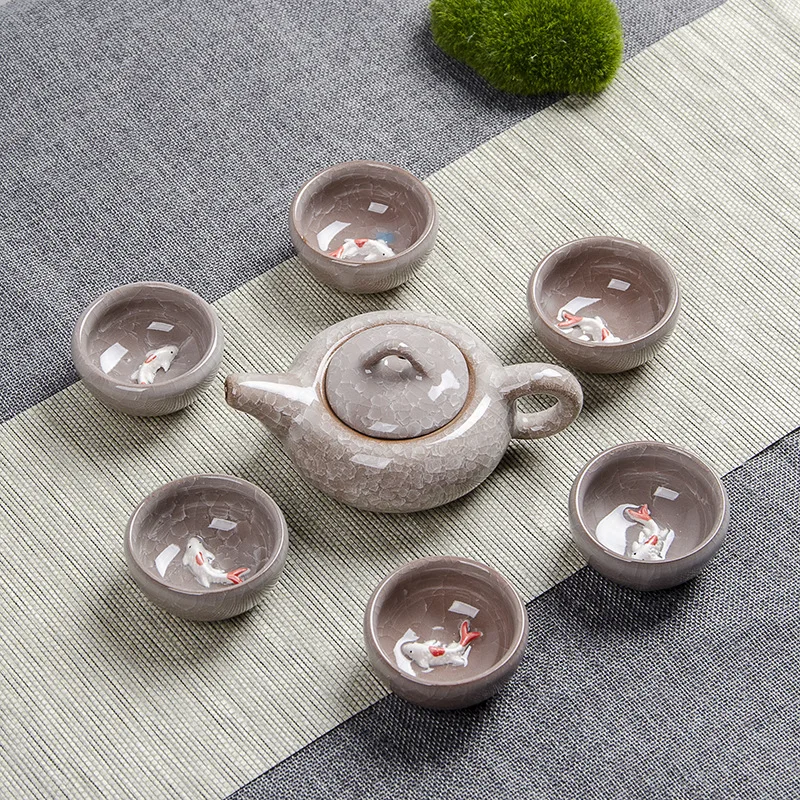 Crack glaze 3D fish Kung Fu Tea Set,Ceramic Tea Sets,TeaCup,ChineseTravel Teapot, Drinkware Coffee&Tea Sets , Binglie Teacups