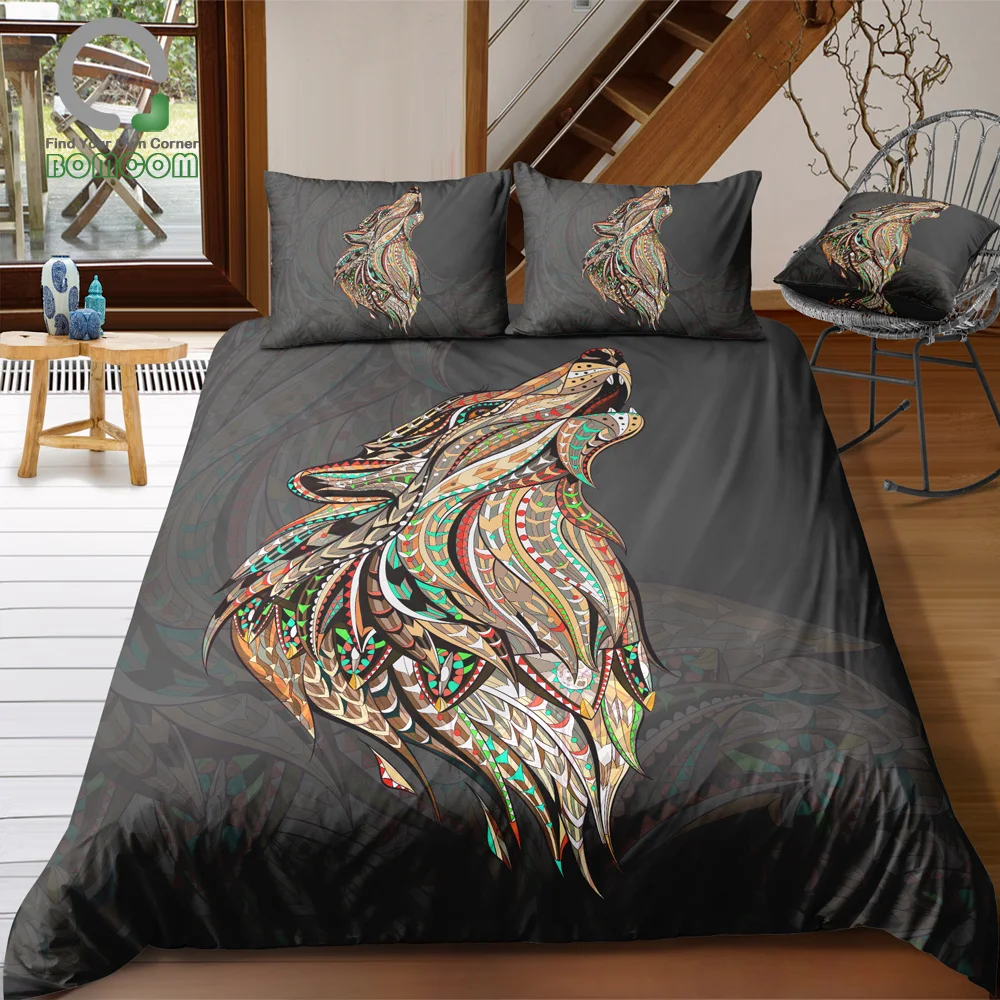 

BOMCOM 3D Digital Printing Duvet cover set wolf head zentangle stylized ornate lace Bedding Set 100% Microfiber