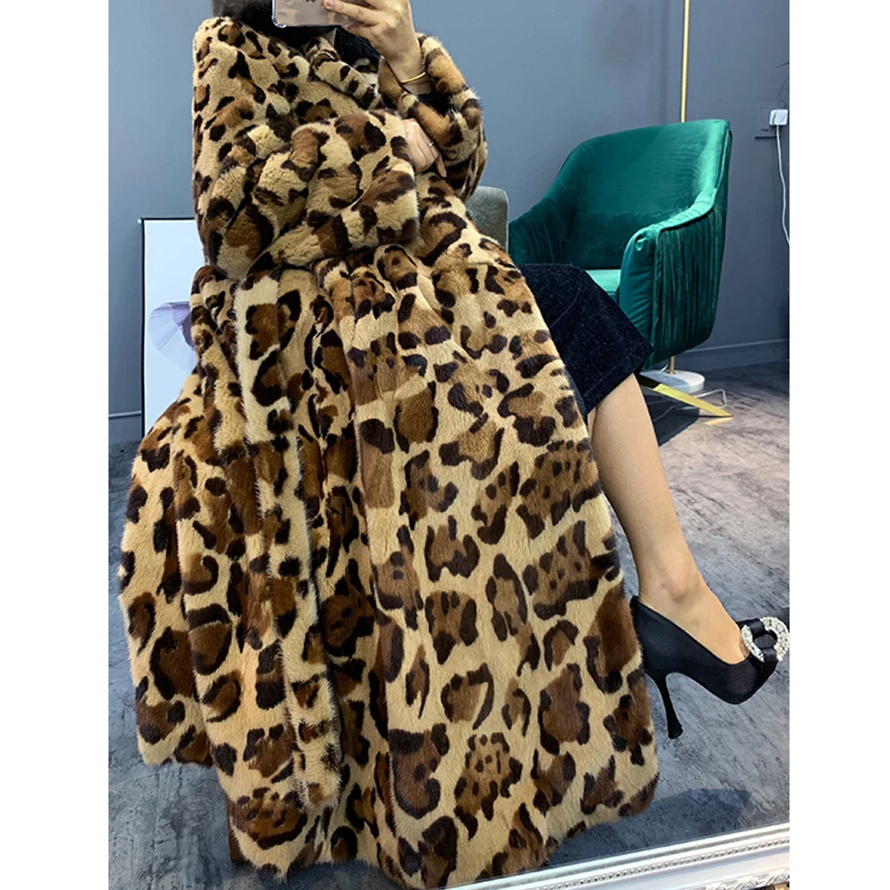 Denny&Dora Women's Imported Mink Fur Coat Leopard Fashion Long Women's Fur Coat Women's Thick Warm Fur Jacket