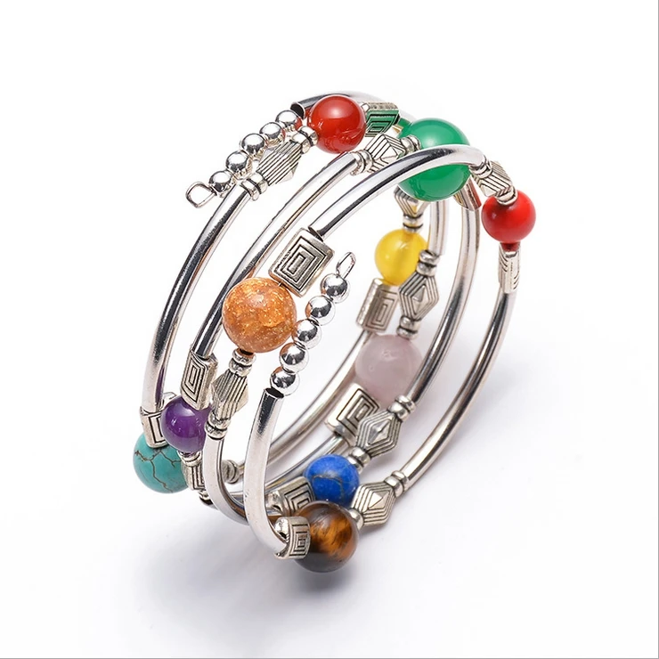 2019 NEW Natural Turquoise Agate Multi-circle Wrapped Seven Chakra Multi-layer Bracelet