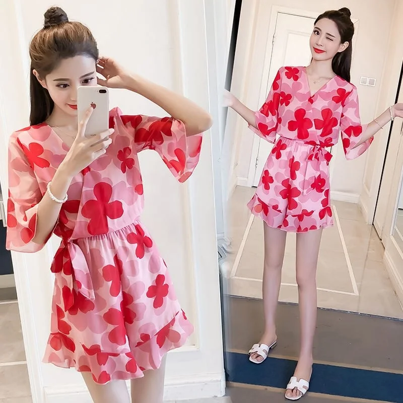 Phụ Nữ Rompers Váy Quần Áo Liền Quần Tay Ngắn Cổ V Họa Tiết Hoa Playsuits Mùa Hè Voan Đi Biển Ren Áo Liền Quần DD1932