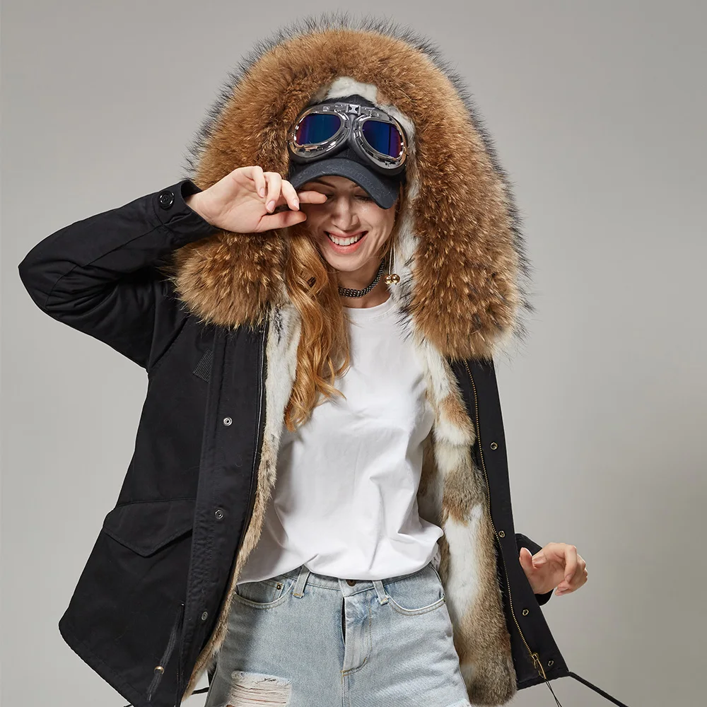 Maomaokong 2022 donna grande collo di pelliccia di procione cappotto con cappuccio parka Outwear fodera in pelliccia di coniglio staccabile giacca