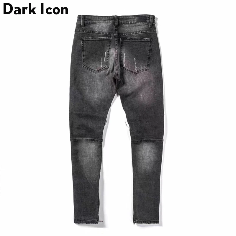 DARK ICON Pleated on Knee Men\'s Jeans High Street Motorcycle Denim Pants Men Full Length