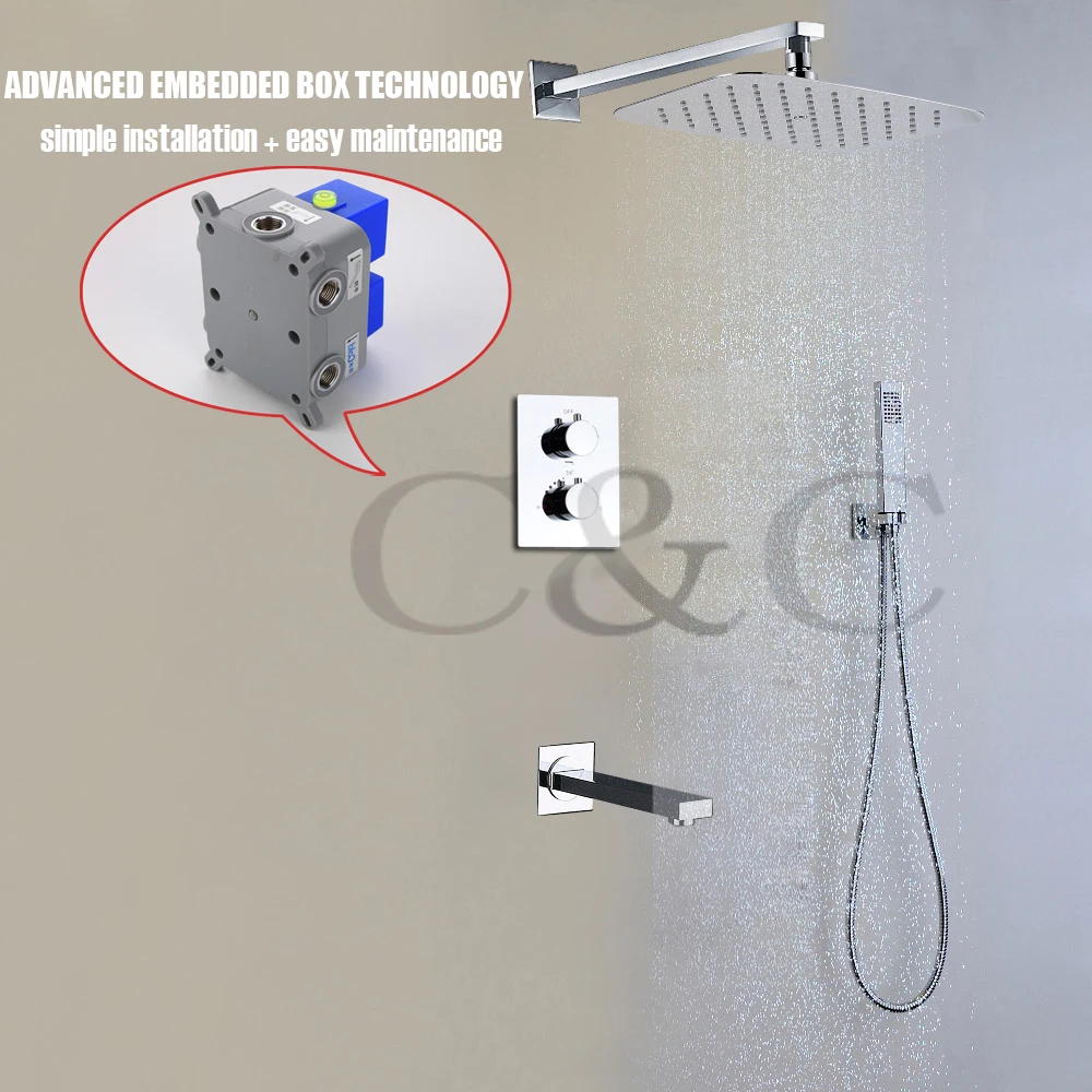 Wall Mounted Thermostatic Shower Faucet Set UFO Ultra-thin Air Drop Rain Shower Head With Embedded Box 002T-30X20TA-2S