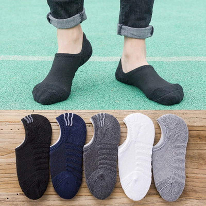 5 Pairs/Lot Men\'s Fashion Towel Bottom Boat Socks Cotton Sport Sweat Breathes Silicone Anti-Slip Invisible Socks Plus Size 41-45