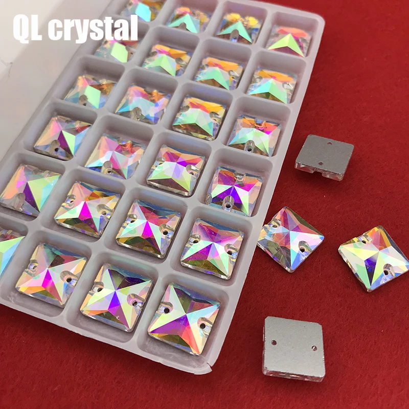 QLcrystal popular AB Square Sew on Rhinestones Glass Crystal 8,10,12,14,16,22mm Flatback sew-on stone Beads Dress Craft Supplies