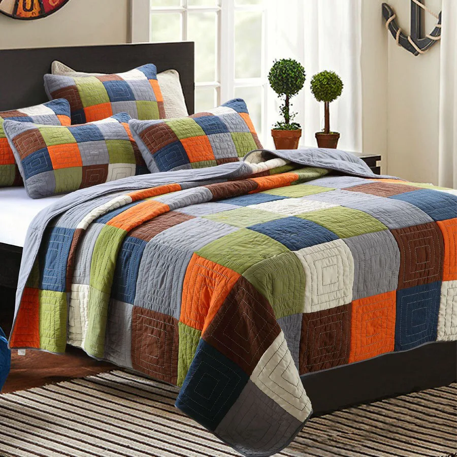 CHAUSUB Plaid Cotton Quilt Set 3PCS Bedspread on the Bed King Size 240*260cm Thick Blanket for Bed Summer Patchwork Coverlet