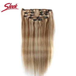 Sleek Clips In Hair 7Pcs  P27/613# P6/613# Human Hair Extensions Brazilian Straight Brown Color 6# Color Remy Hair Extension