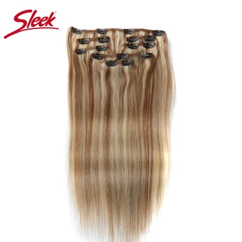 Sleek Clips In Hair 7Pcs  P27/613# P6/613# Human Hair Extensions Brazilian Straight Brown Color 6# Color Remy Hair Extension