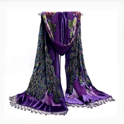 High Quality Purple Chinese Women's Velvet Shawl Scarf Handmade Beaded Embroidery Peacock Shawl Scarf Wrap Scarves