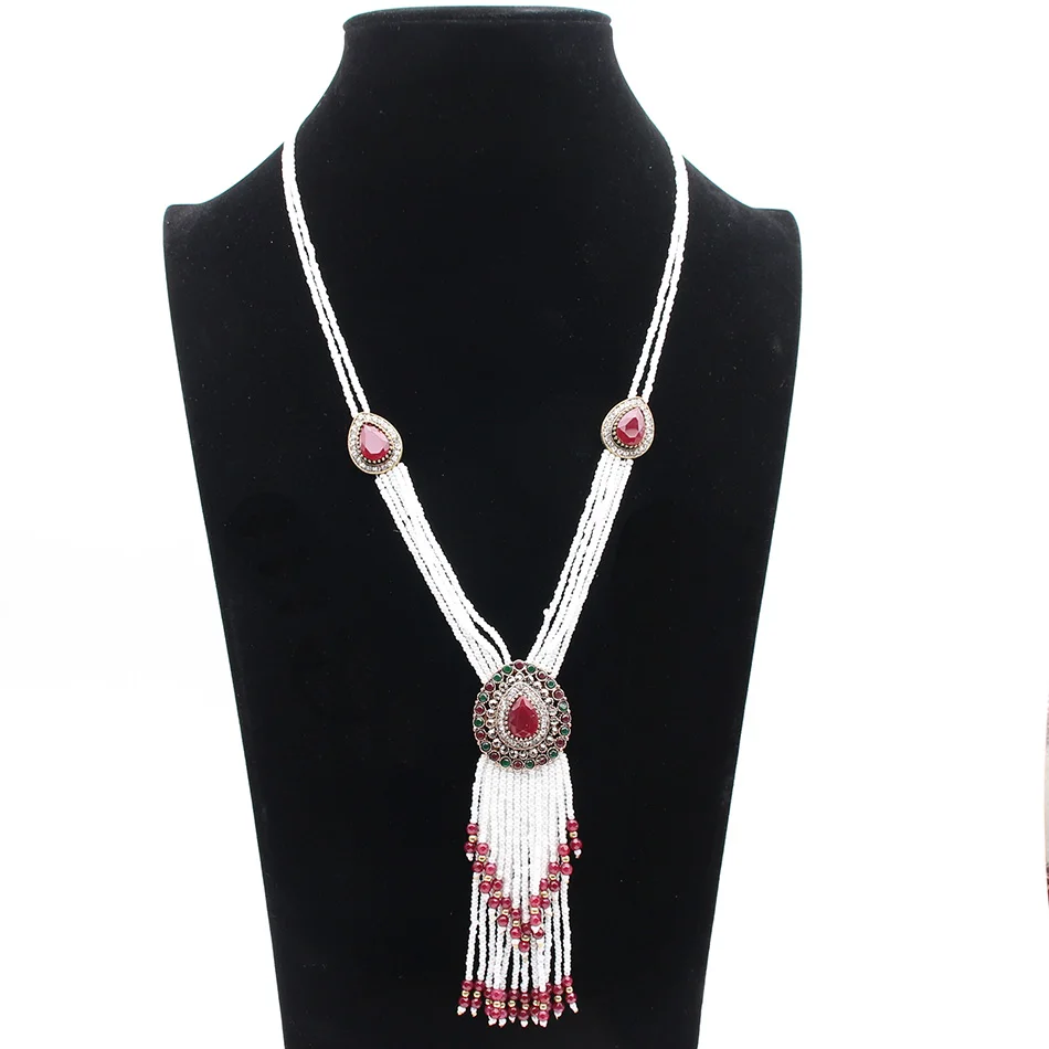 Sunspicems Turkish jewelry Beaded Necklace for Women Long Tassels Necklace Jewelry Indian Drop Water Pendant Wedding Bijoux