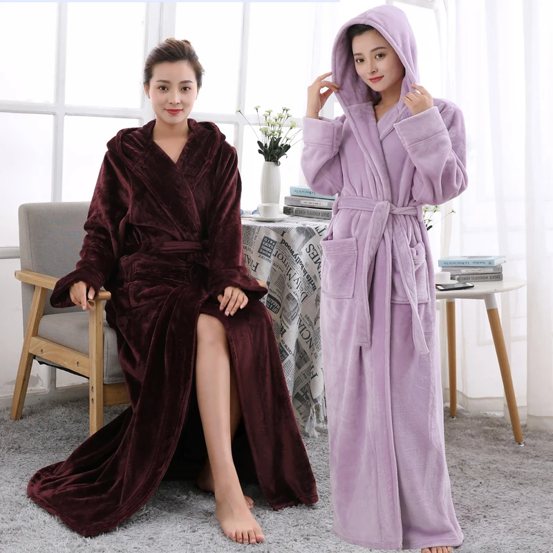 Women Hooded Extra Long Warm Velvet Bathrobe Lovers Winter Flannel Bath Robe Floor Length Thermal Dressing Gown Men Sleepwear