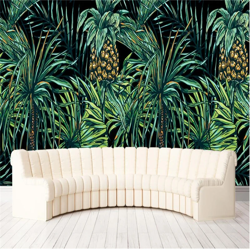 

wellyu Hand painted Southeast Asian style palm tree leaves mural background wall custom large fresco green wallpaper