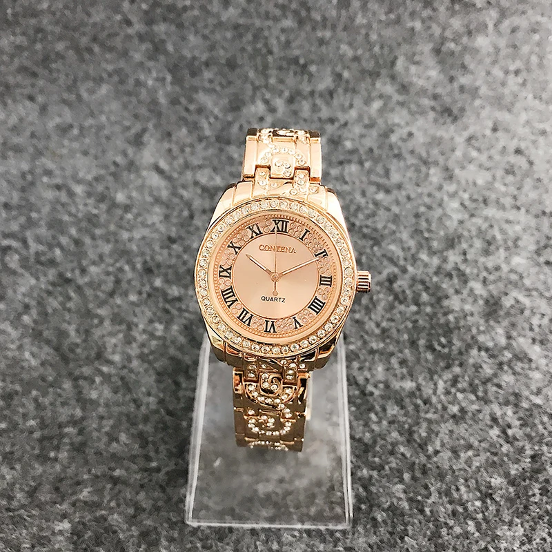 Contena relógio de pulso de luxo feminino, relógio fashion com strass de ouro rosa, relógio de pulso para mulheres