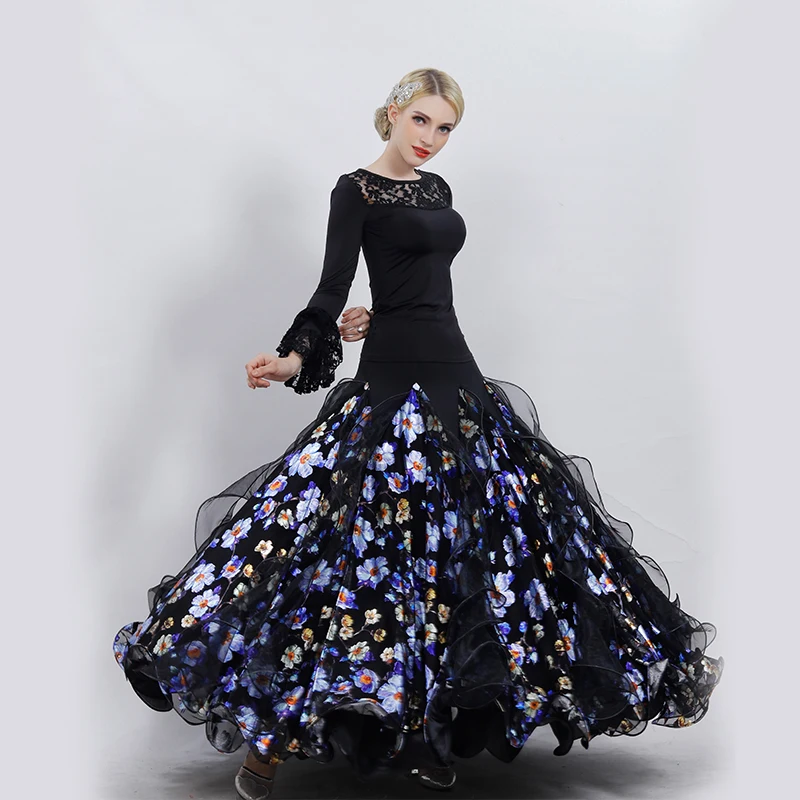 

Modern Dance Skirts Ballroom Dancing Performance Dress Female Long Sleeves National Standard Dance Big Hemline Long Dress H2106