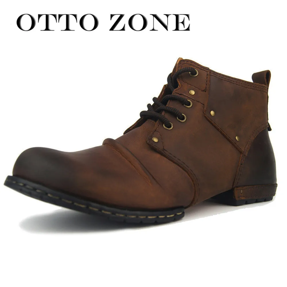 OTTO ZONE Handmade Genuine Cow Leather Men\'s Shoes Boots Lace-Up Ankle Boots Men\'s Shoes with Fur Size Winter Boots Winter Boot