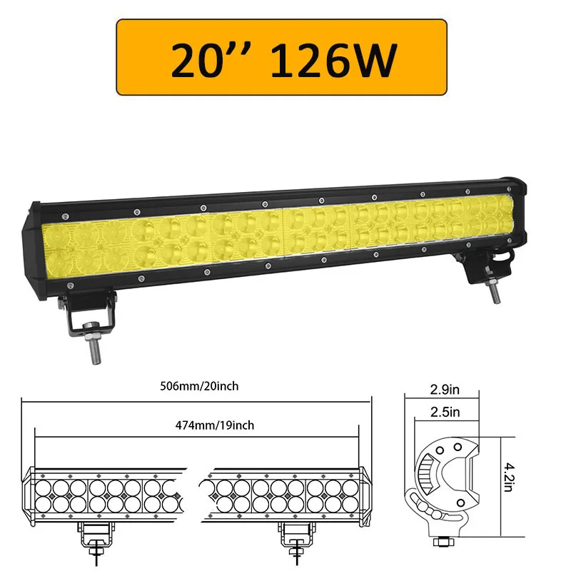 Auxtings yellow 20 inch 126W 12\'\' 22\'\' 20\'\' offroad led light bar 12V 24V Spot Flood Amber Fog Lamp for Jeep Car 4WD Truck SUV
