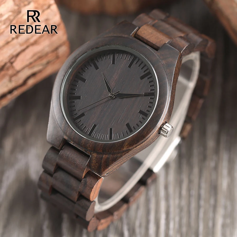 REDEAR Handmade Black Sandalwood Watches Lover's Watches Cool Nature Wood Quartz Automatic Watch in Gift Box Without LOGO