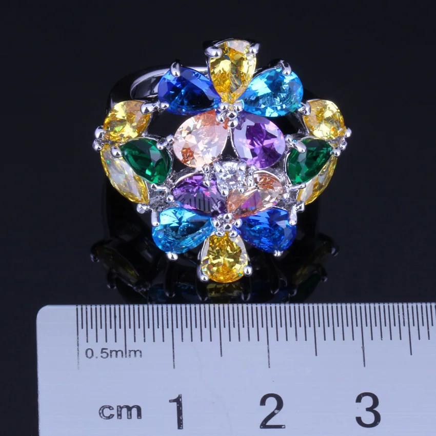 Remarkable Huge Multi-Gem Multi-Color Yellow Cubic Zirconia Silver Plated Ring V0163