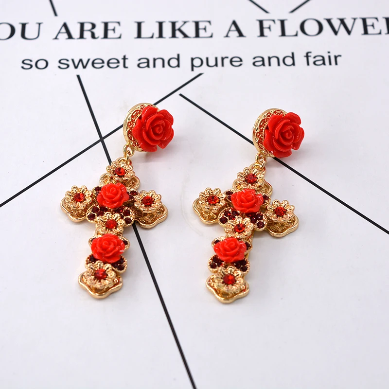 Fashion Exaggerated Classic Vintage Baroque Red Flowers Cross Drop Earrings Long Vintage for Women Jewelry Accessories