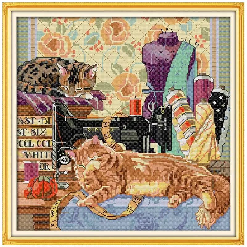 The Cat Beside Sewing Machine Patterns Counted Cross Stitch Set DIY 11CT 14CT 16CT DMC Cross-stitch Kit Embroidery Needlework