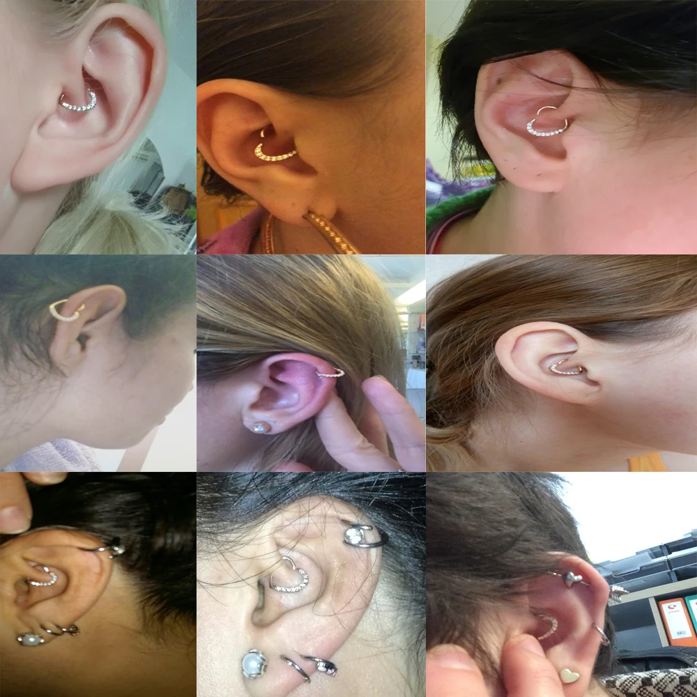 BOG-Lot 1PC Brass Ear Tragus Cartilage Earring with Press Fit Zircon CZ Heart Hoop Daith Piercing Ear Cartilage Piercing Jewelry