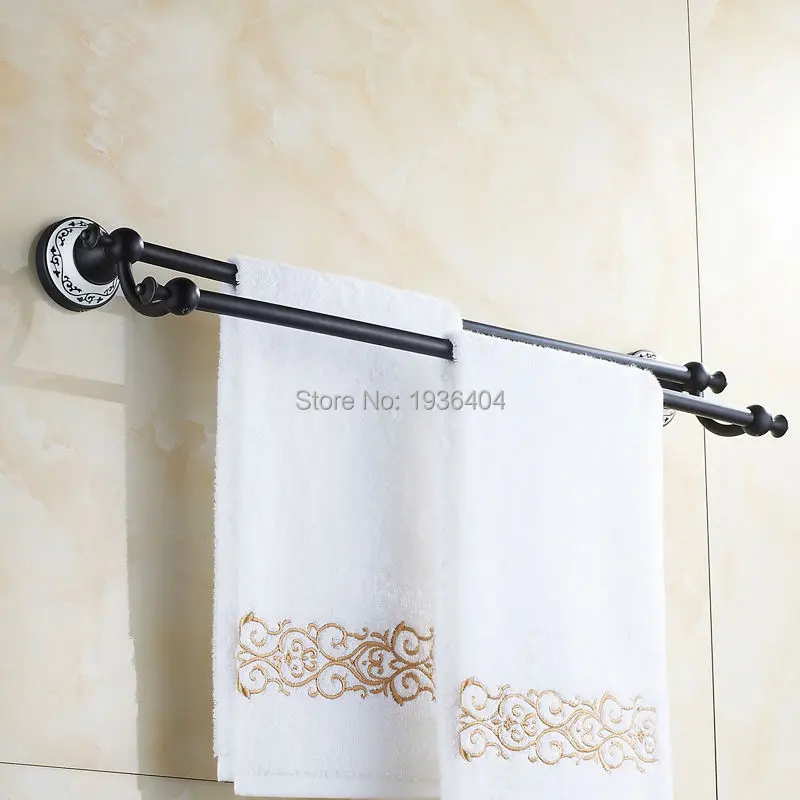 

Double Black Bronze Towel Bar Romantic Porcelain Bathroom Towel Rack Wall Mounted Towel Bar TR1017