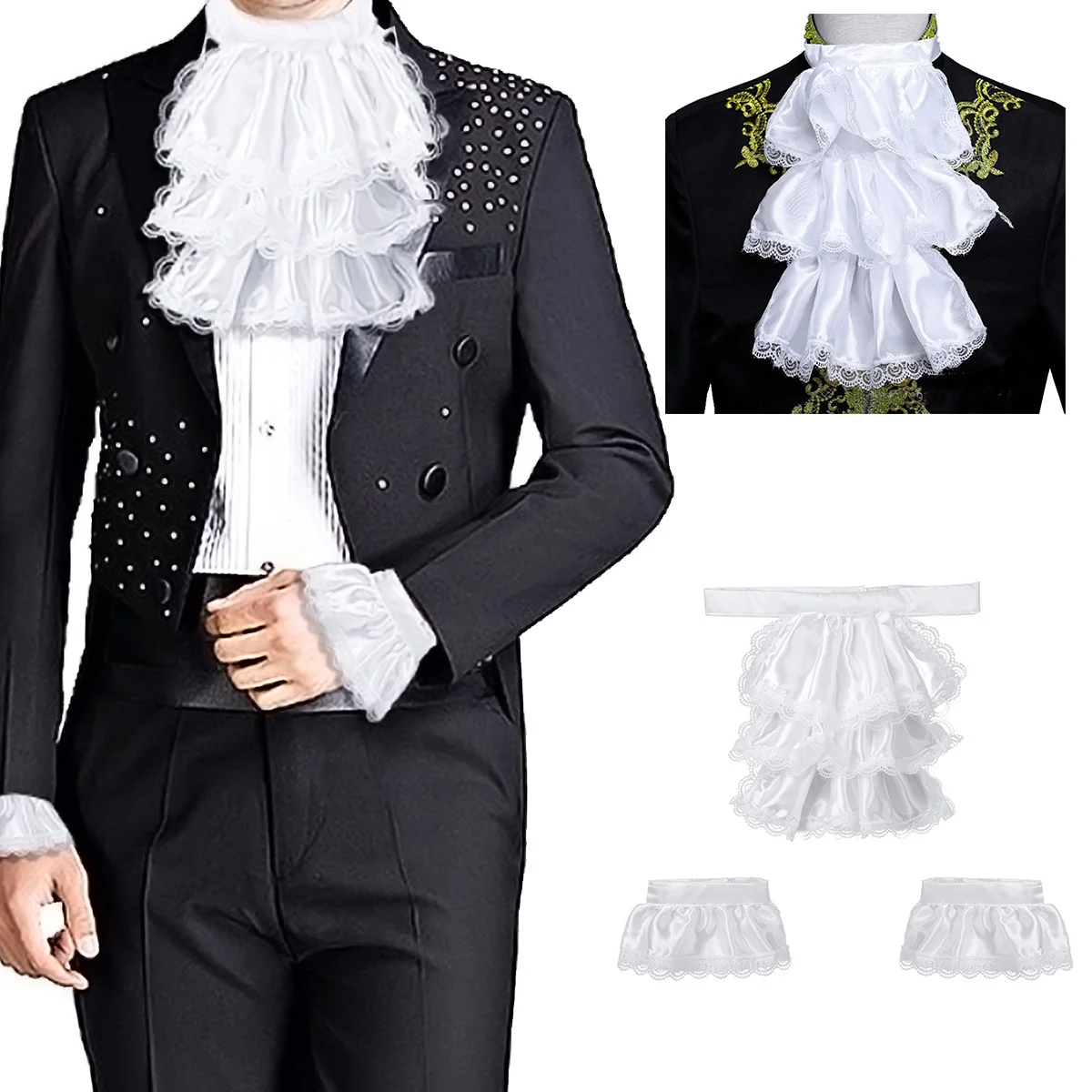 Vitoriana com renda Jabot e punhos para adultos e crianças, acessório para festa de palco, pirata medieval steampunk, colar destacável